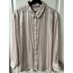 Anthropologie Silky Iridescent Button Down Shirt L Oversized Champagne Nude EUC